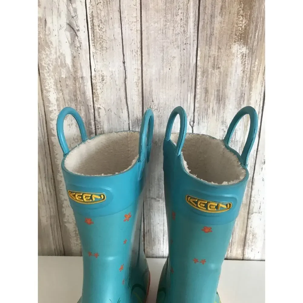 KEEN Coronado Blue Rain Boots Youth Kids 3 Rubber Mud Boots DragonFly Flower